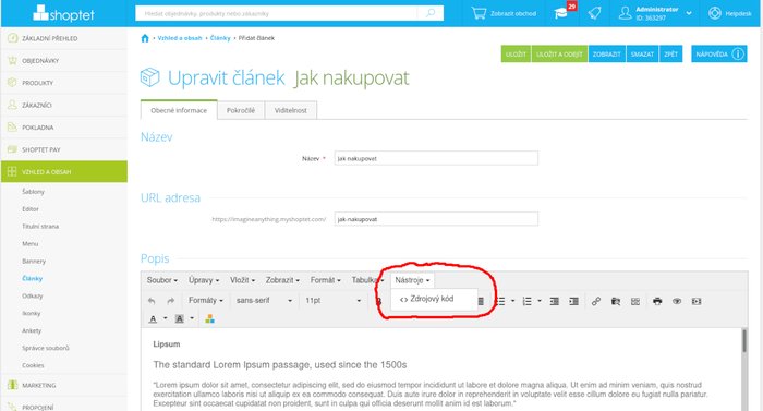 Product Widgets: vloženie widgetu do článku v administrácii Shoptetu